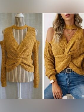 Full Circle Trends Cold Shoulder Twist Front Sweater Mustard Yellow Knit Top Sm